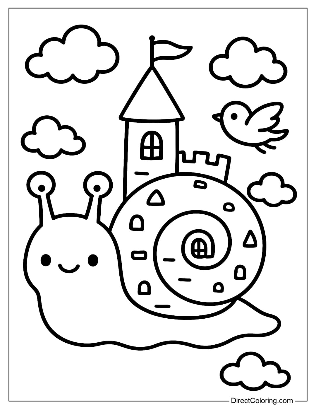 Coloring page of a snail with a shell that turns into a tiny castle with a pointed tower, round windows, surrounded by floating clouds and small birds.