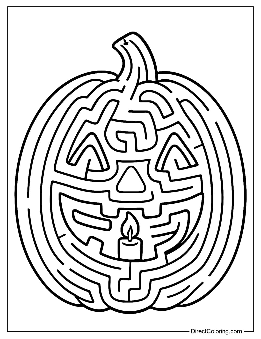Giant pumpkin maze coloring page with mold smiley face, entrance at the top pumpkin stem, destination is the lit candle in the pumpkin mouth.
