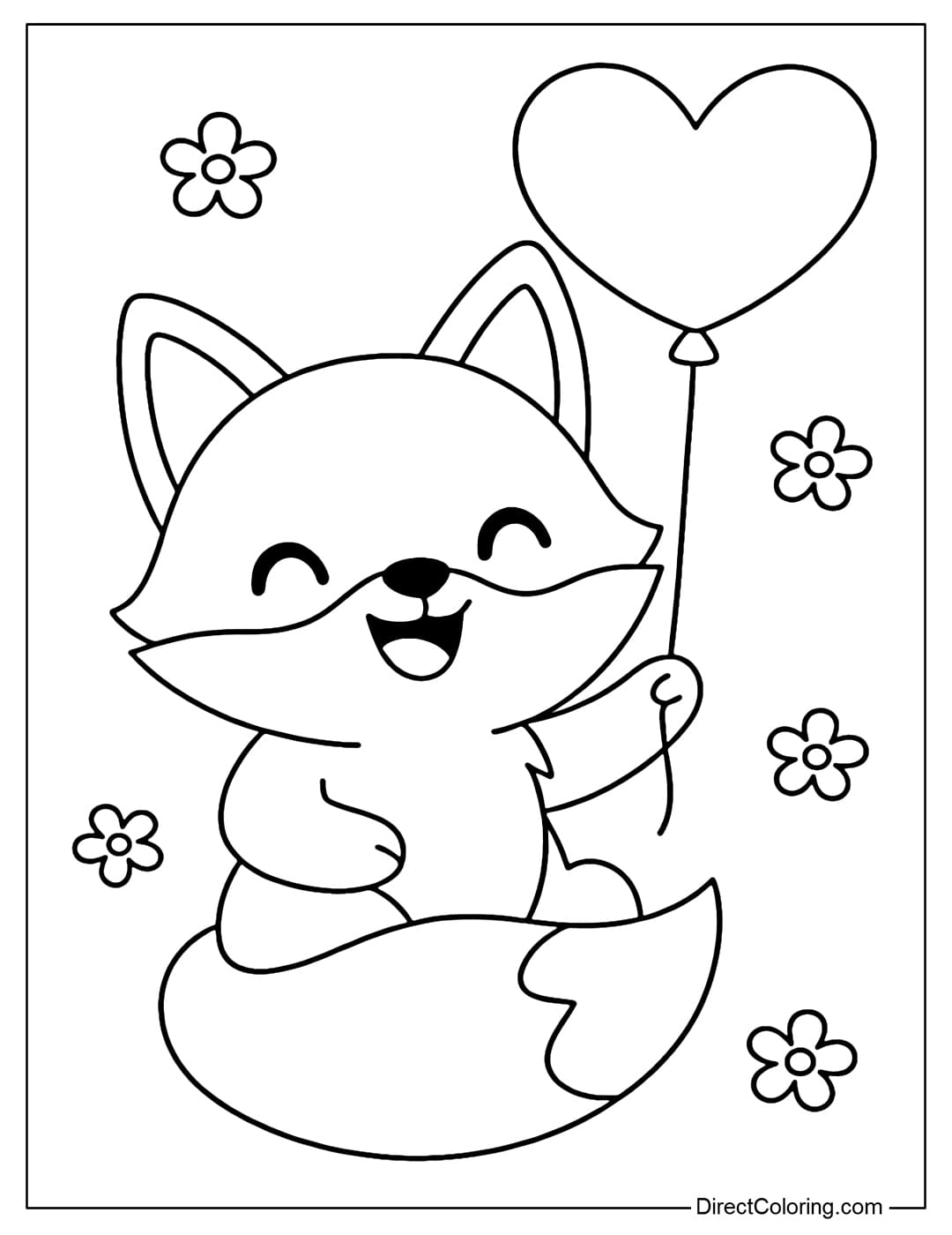 Coloring page of a lovely fox holding a heart-shaped balloon, smiling brightly, with a few small flowers around it.