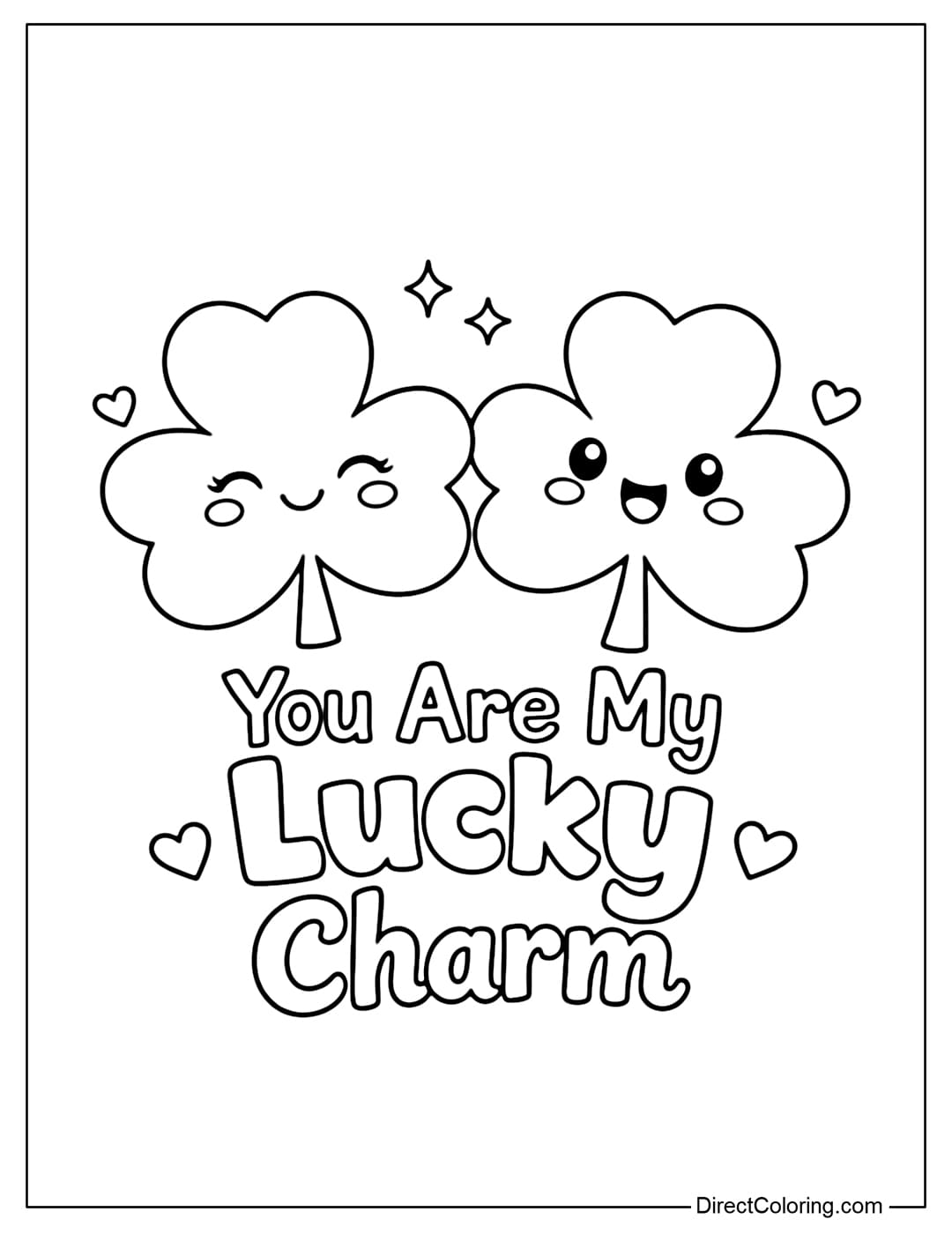 A coloring page featuring two shamrock characters standing next to each other, combined with the words 