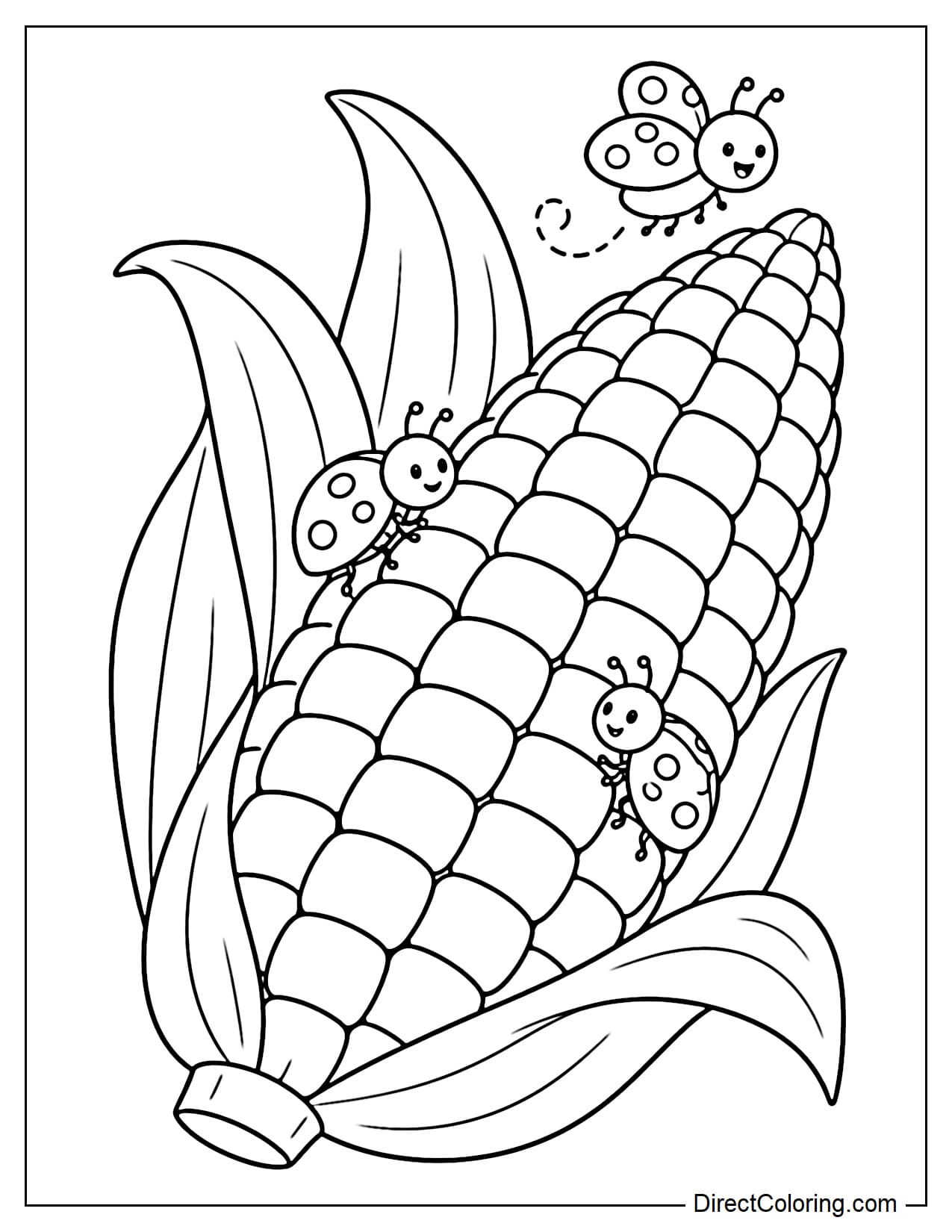 A giant corn cob lies on its side with its husks spread open behind it, while two small ladybugs crawl across the kernels and another ladybug flies near the tip of the cob.