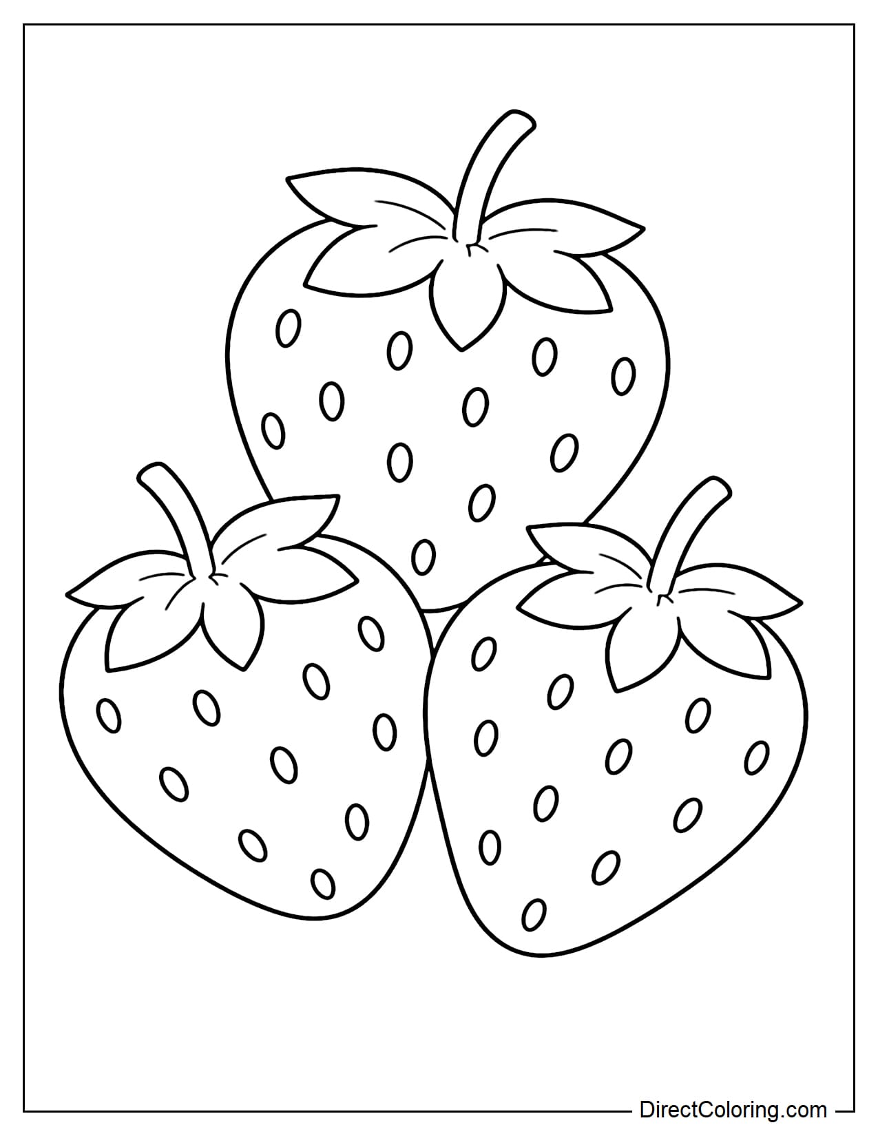 Three large strawberries with large, sparsely drawn seeds, the leaves on top are simple.