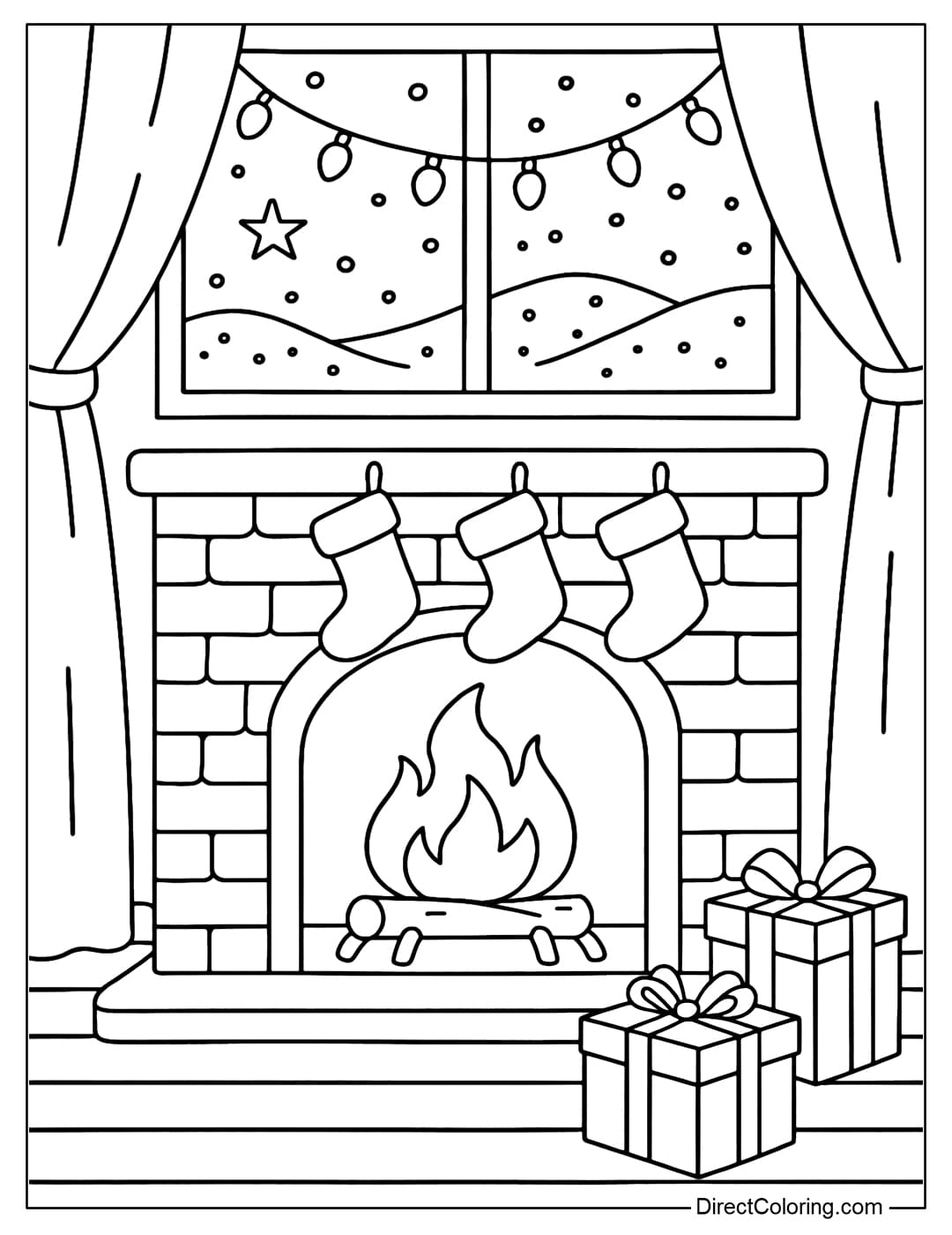 Coloring page of Christmas night scene, stockings hanging neatly, gift boxes arranged beside.