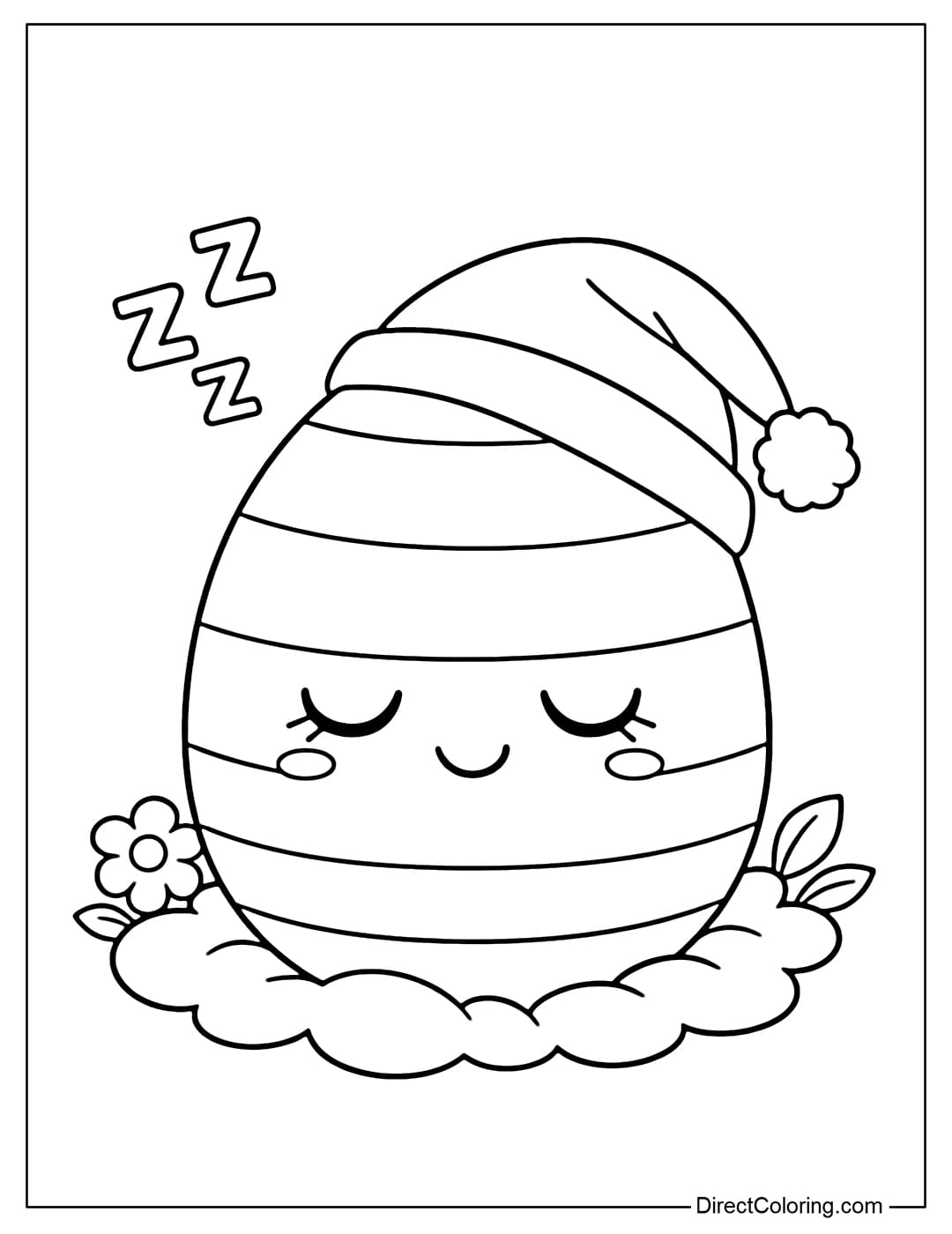 A coloring page of a sleeping Easter egg with a cute little sleeping hat, featuring large horizontal stripes.