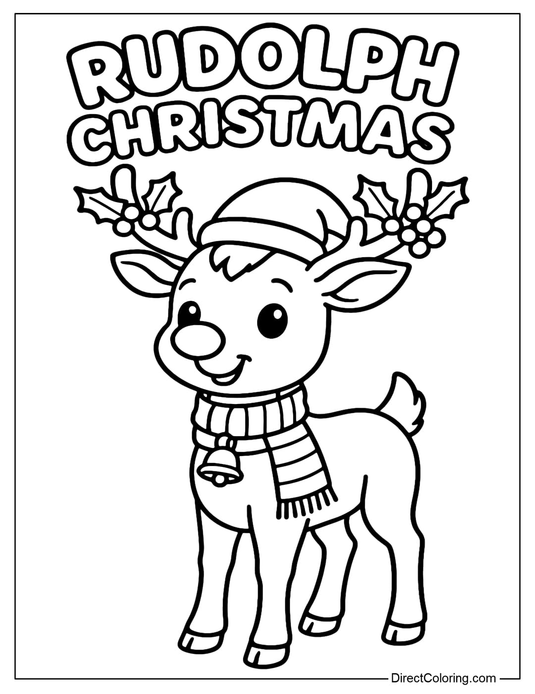 A Rudolph coloring page with bells and a striped scarf, two horns decorated with holly leaves and red berries.
