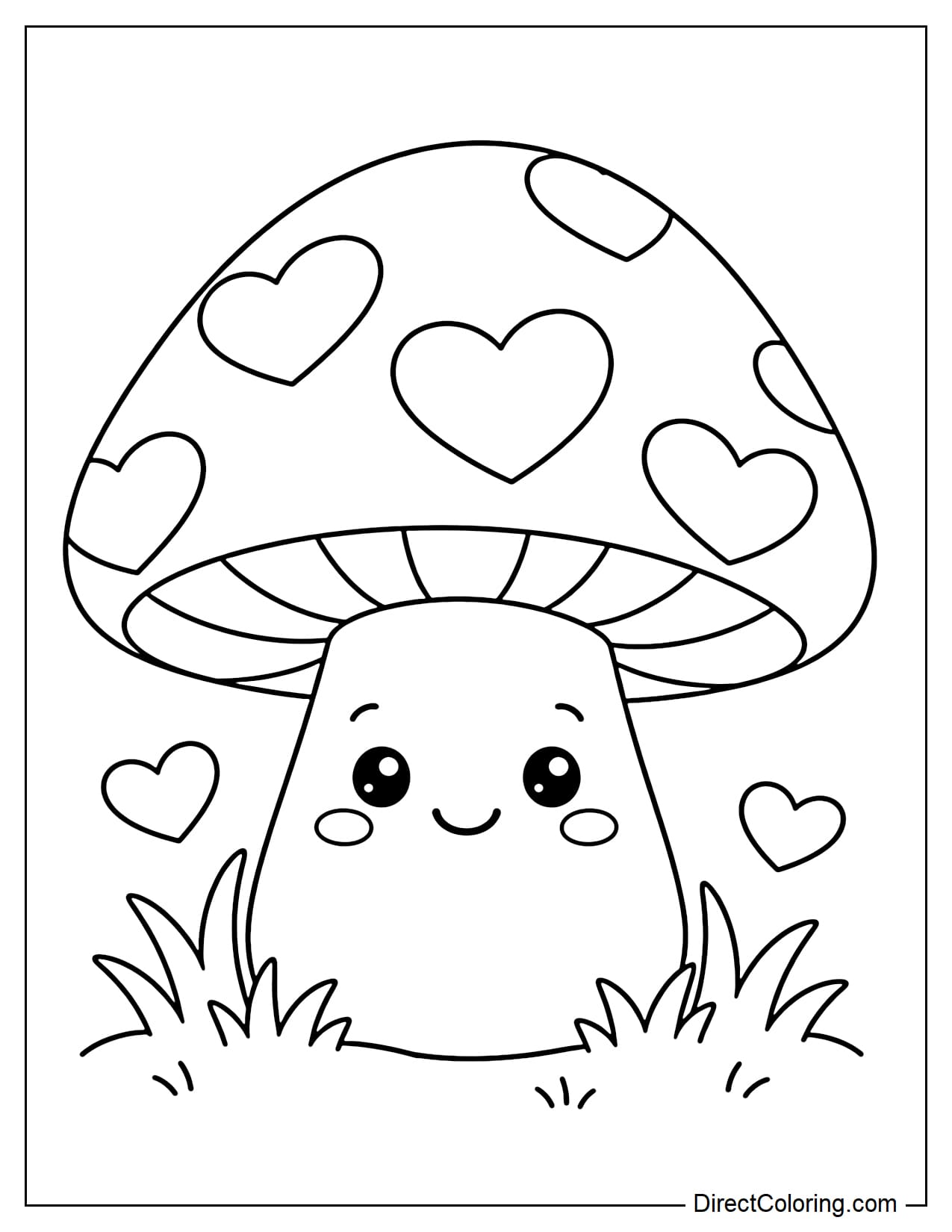 A large cute mushroom with a wide cap decorated with big heart-shaped spots, featuring a cheerful face with round eyes.