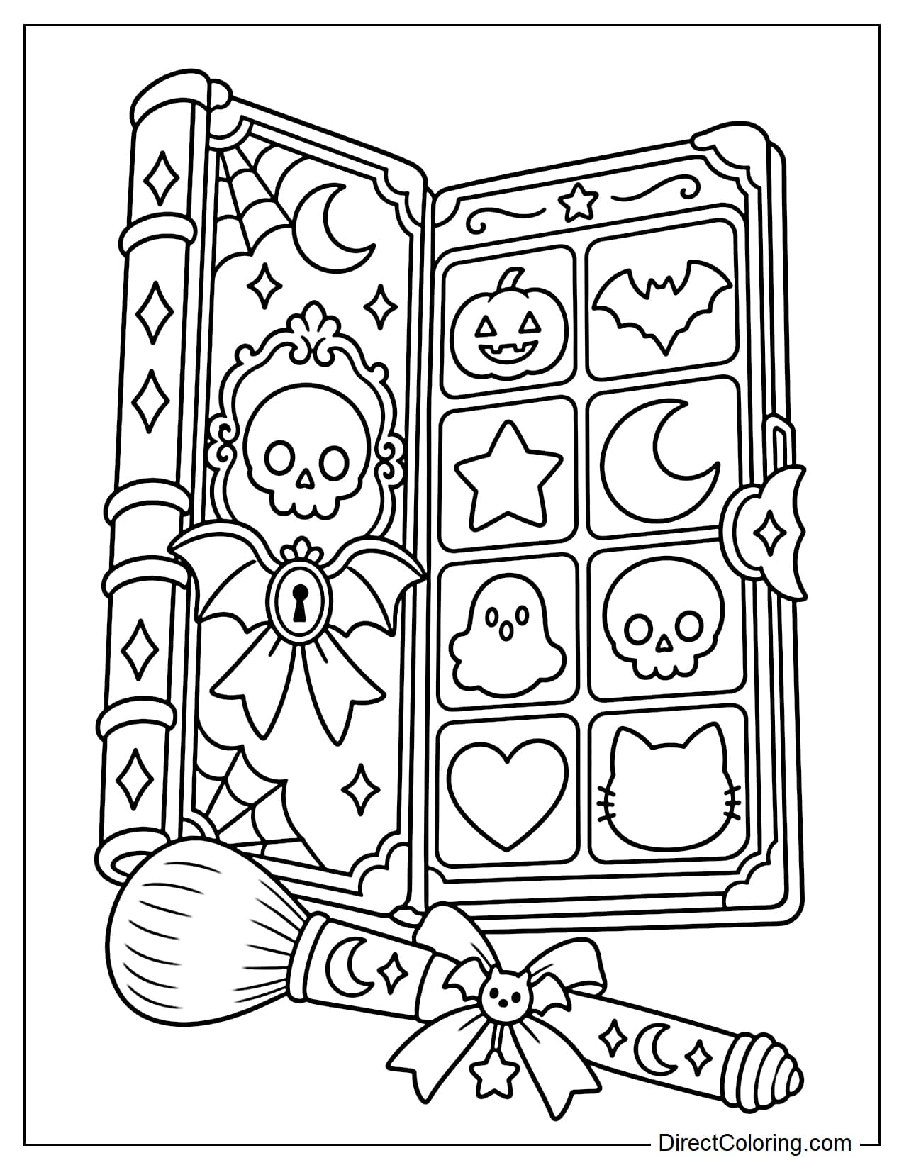 A large eyeshadow palette is designed like an open Halloween spellbook, with a small skull on the cover, spiderweb details in the corners, and a bat-shaped clasp. Inside are large makeup pans shaped like a pumpkin, bat, crescent moon, ghost, and skull, with a large makeup brush resting diagonally below.