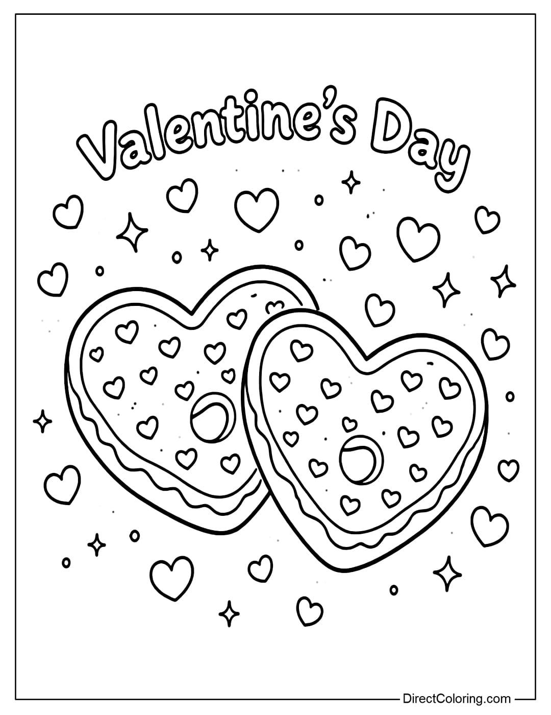A coloring page of two heart-shaped donuts, topped with heart-shaped sprinkles and the words 