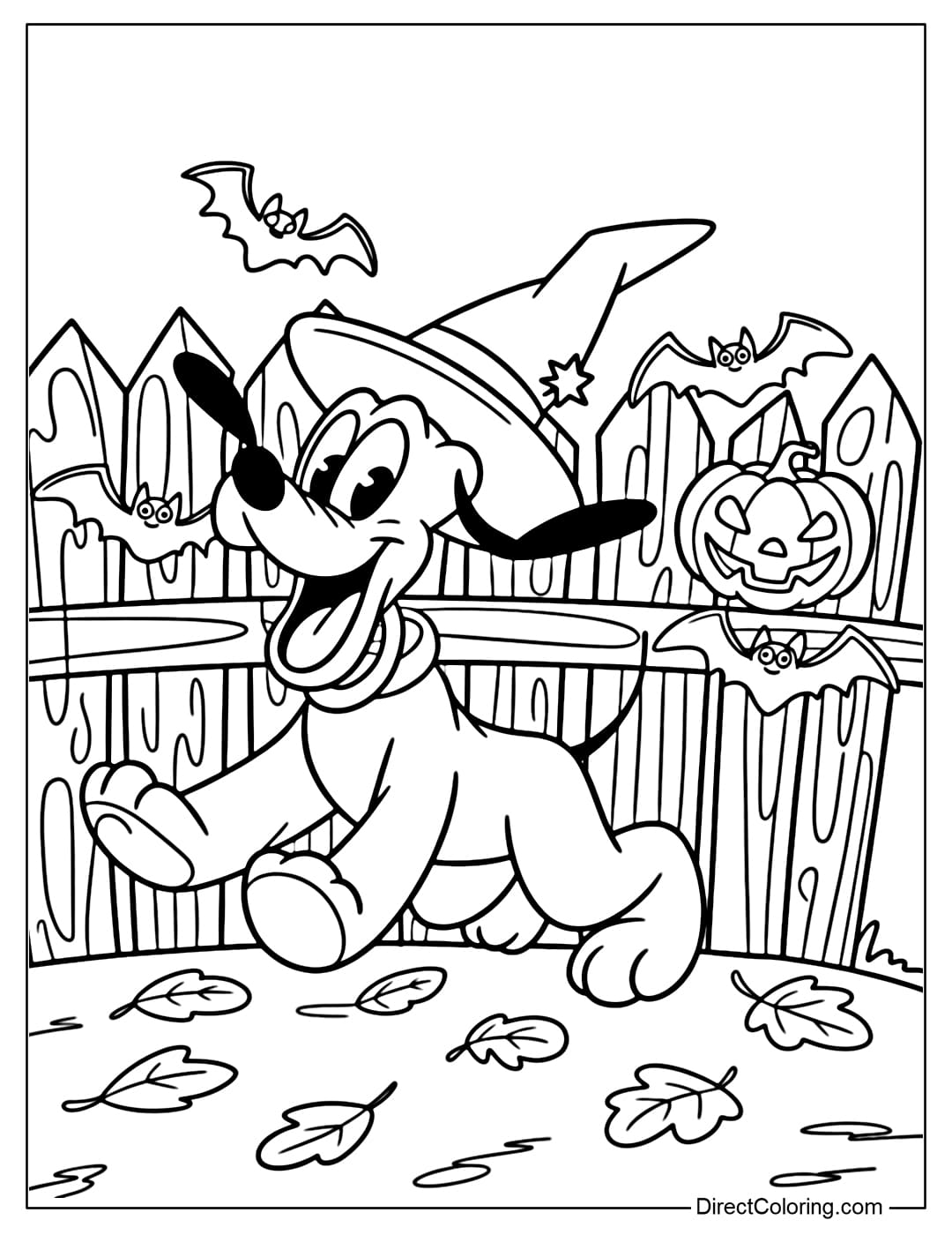 Disney Pluto coloring page wearing a witch's hat, running happily through the Halloween fence.