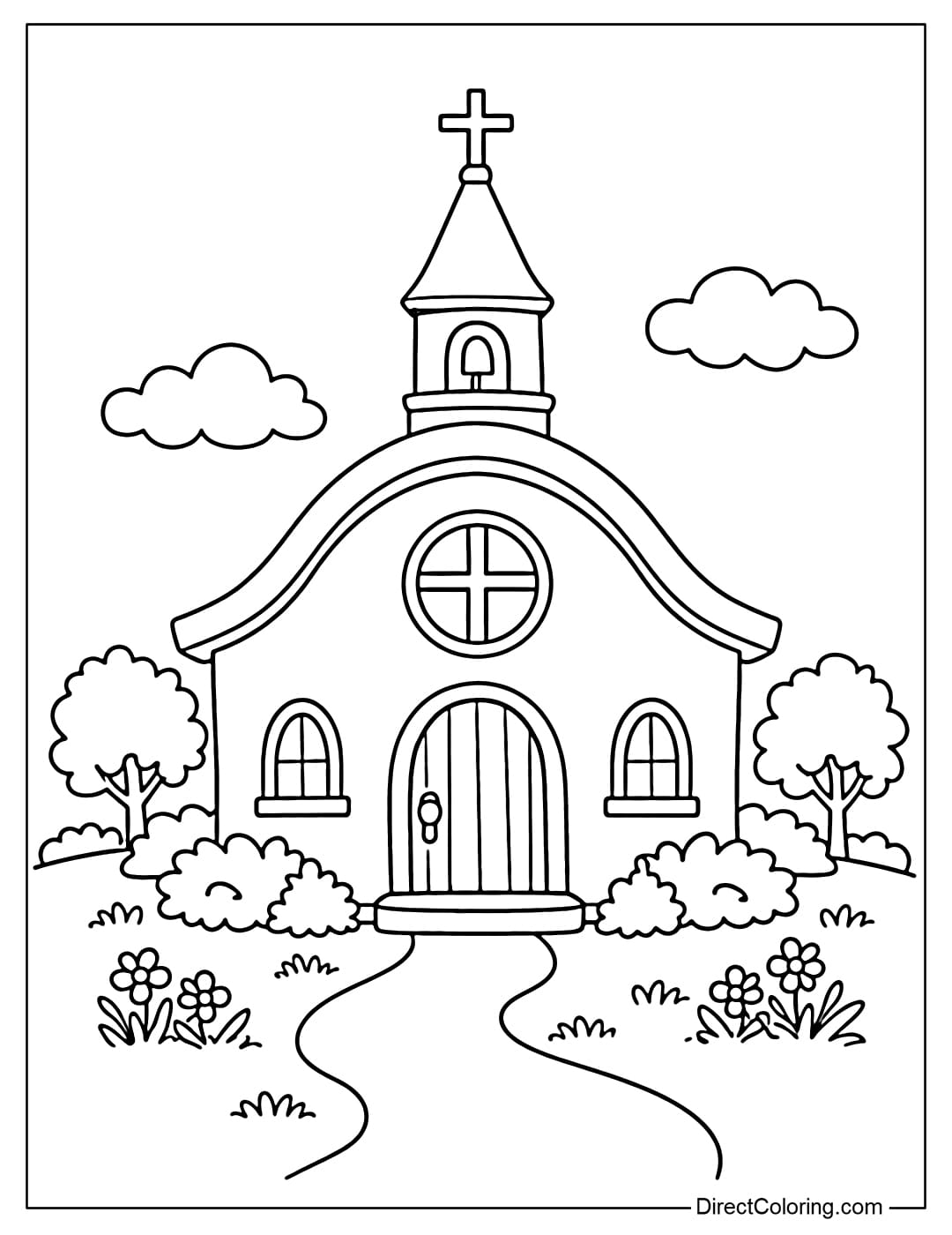 Coloring page of a cute small church with round windows and a simple curved roof.