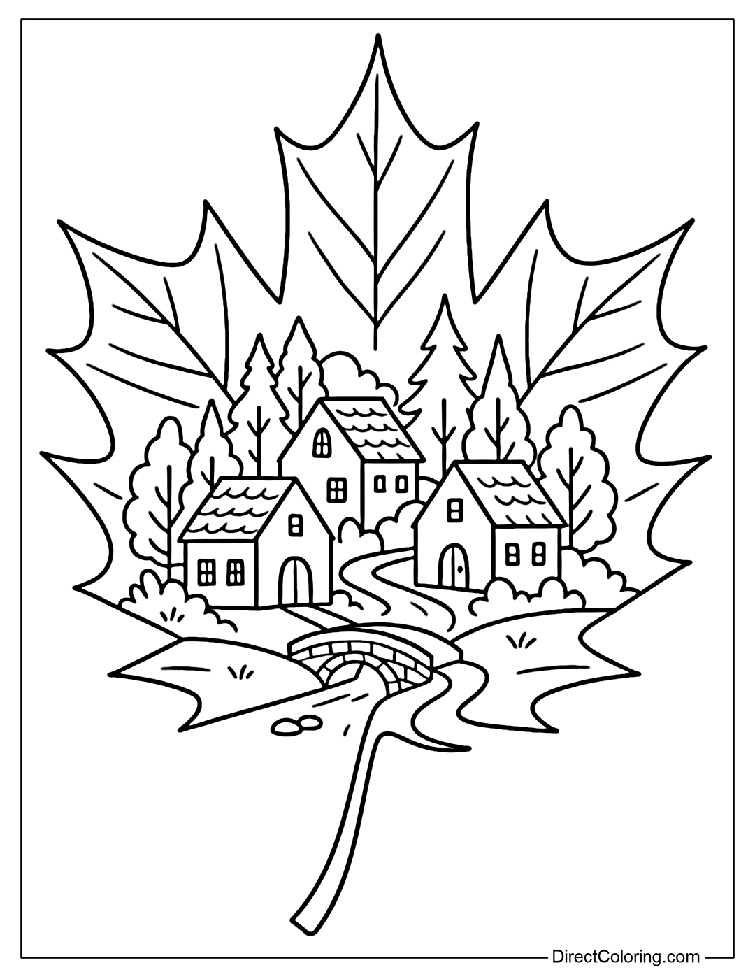 A small village coloring page inside a giant maple leaf, with houses, bridges, and roads.
