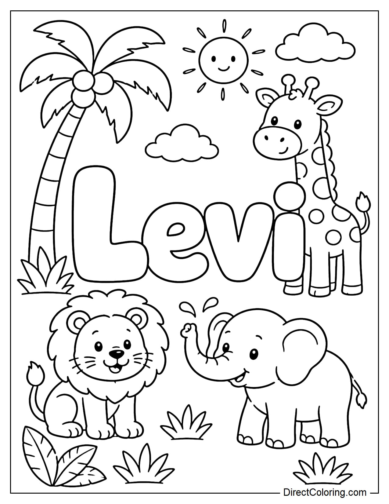 A coloring page of Levi's name with large bubble lettering, surrounded by a lion, giraffe, elephant, palm tree, and a small sun.