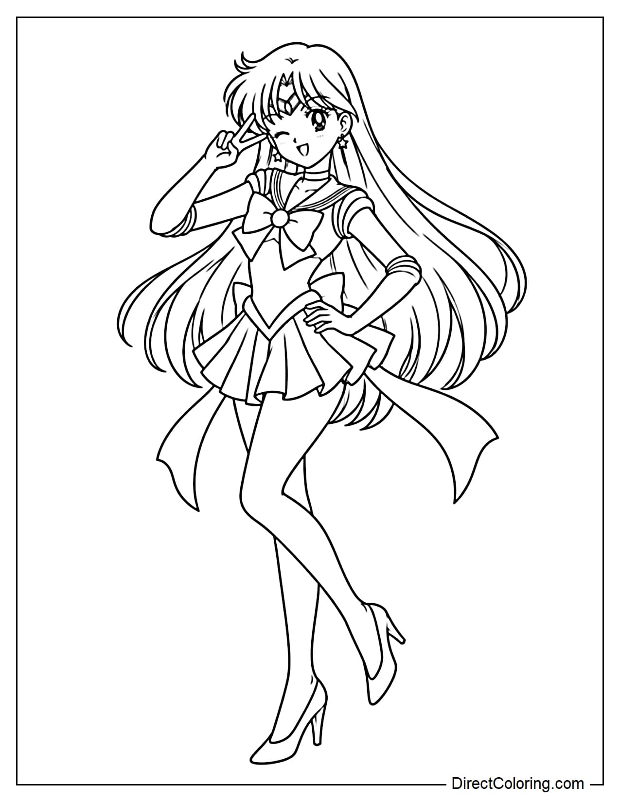 Sailor Mars (Rei Hino) stands with one leg slightly bent and her body gently tilted to one side. She raises one hand near her face, making a peace sign, while playfully winking and smiling confidently. Her other hand rests gently on her hip.
