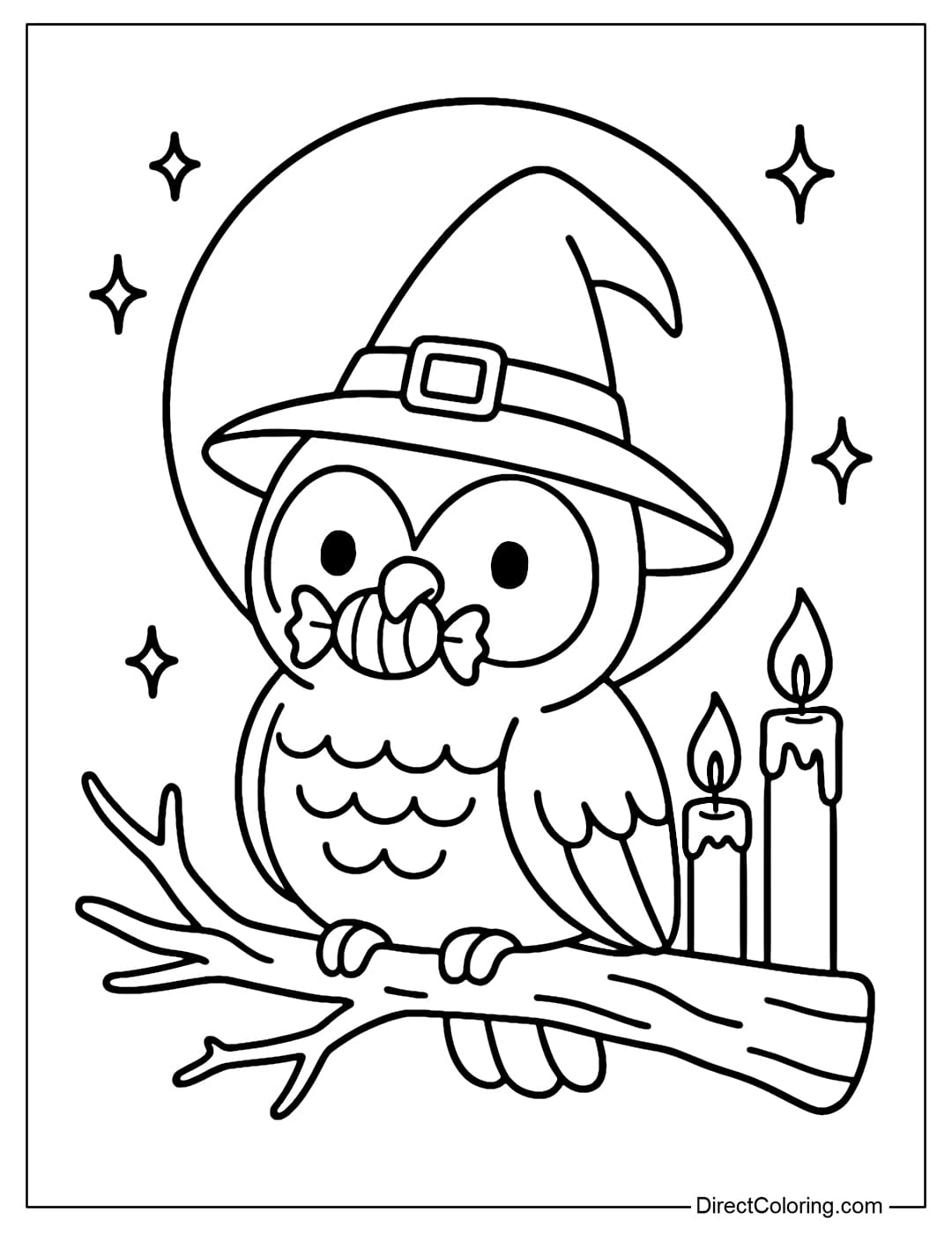A coloring page of an owl wearing a witch's hat, perched on a dry branch, holding a candy in its beak, behind is a full moon and a few candles.