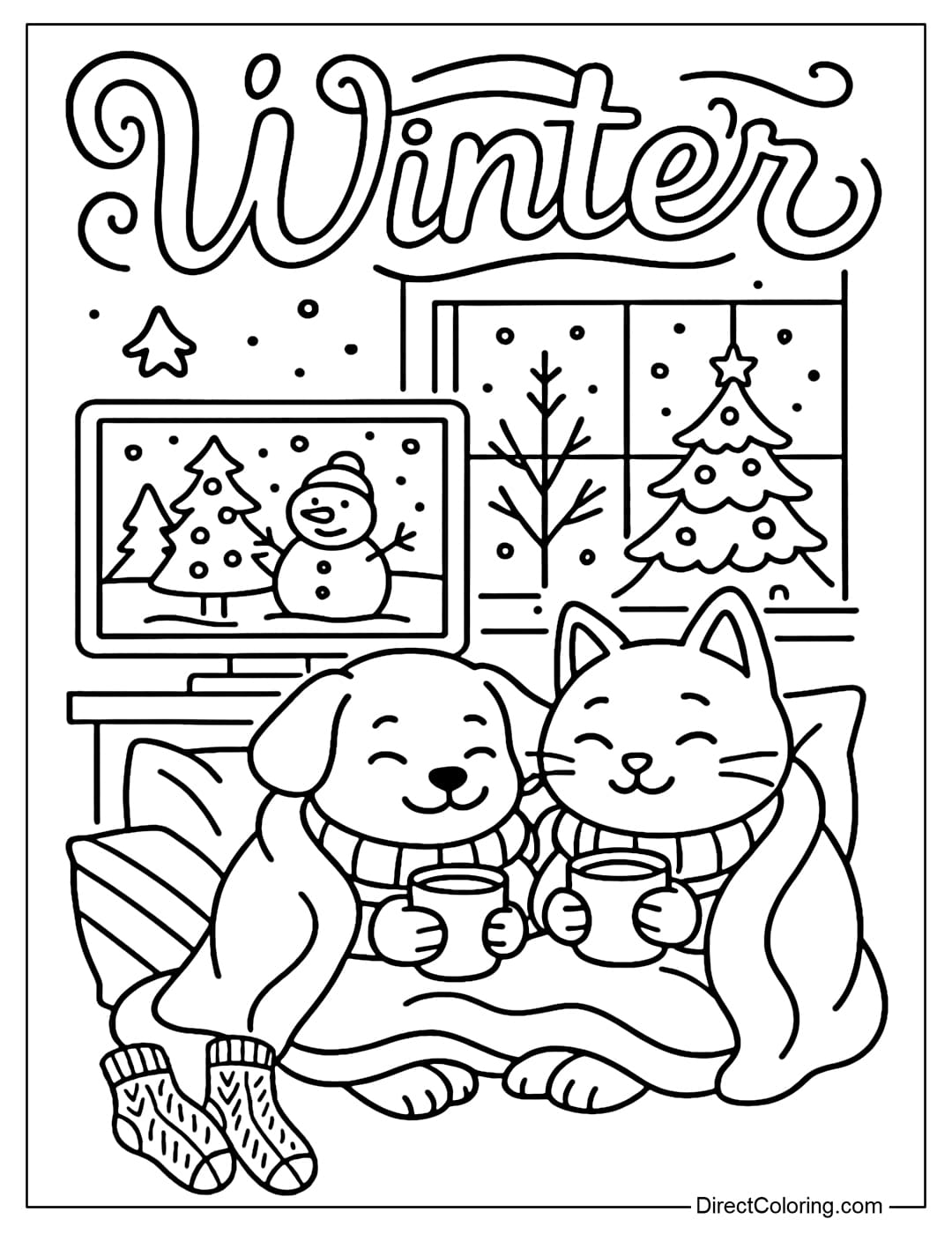 Coloring page of a dog and cat lying in a thick blanket in front of the TV, watching a winter movie, a cup of cocoa in hand, surrounded by pillows and woolen socks.