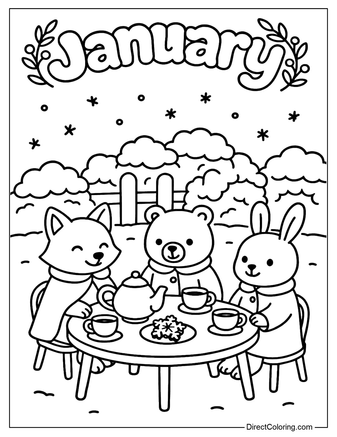 A coloring page with a winter tea party in January in a snowy garden.