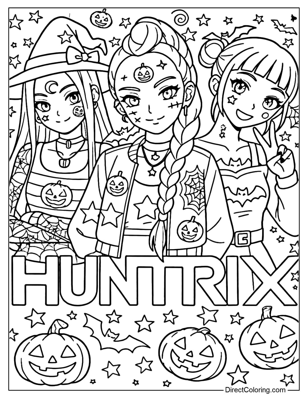 Coloring Page of Rumi, Zoey, and Mira from KPop Demon Hunters strike a fun Halloween pose, surrounded by pumpkins, stars, and bats.