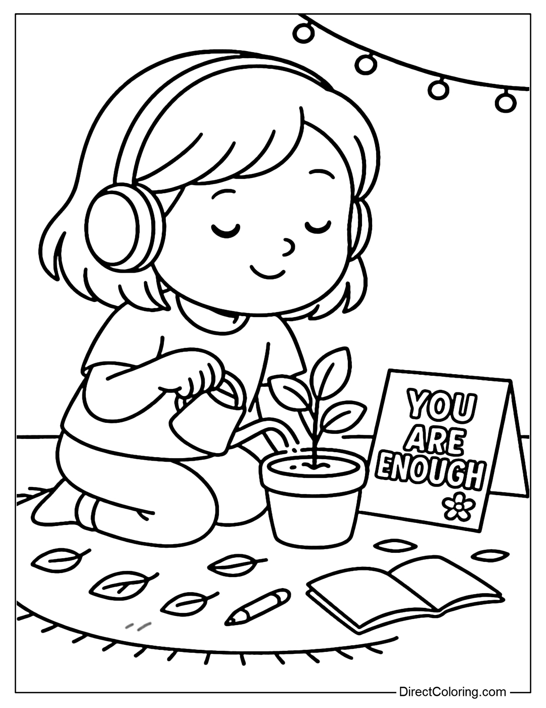 Coloring page of baby taking care of a small plant, wearing headphones to relax, the card next to it has the line You Are Enough.