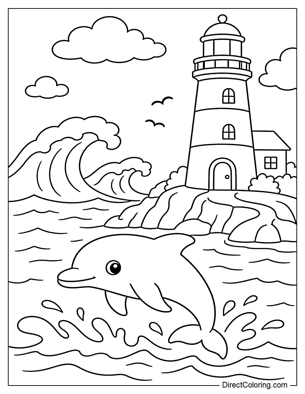 A dolphin swims near a coastal lighthouse, with large waves in the distance.