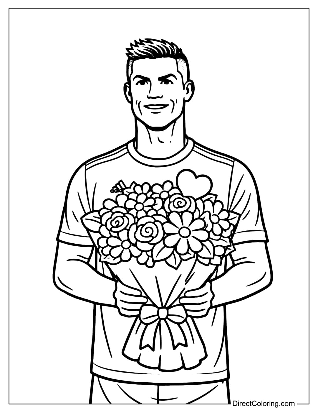 Coloring page of Cristiano Ronaldo holding a large bouquet of Valentine's Day flowers, with a friendly smiling expression.
