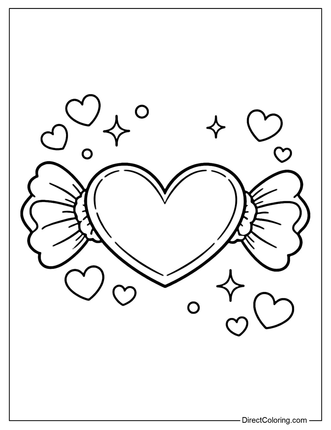 A coloring page with a candy-shaped heart wrapped in paper on both sides, surrounded by small decorative hearts.