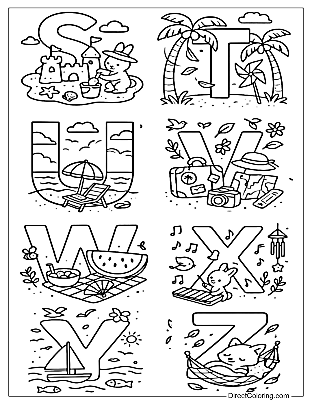Alphabet coloring page from S to Z with Letter S with a summer beach sand scene. Letter T in a cool summer breeze. Letter U in a light sunshine under a beach umbrella. Letter V with summer vacation symbols. Letter W with a summer watermelon picnic. Letter Y in the summer sea. Letter Z relaxing under a gentle breeze.