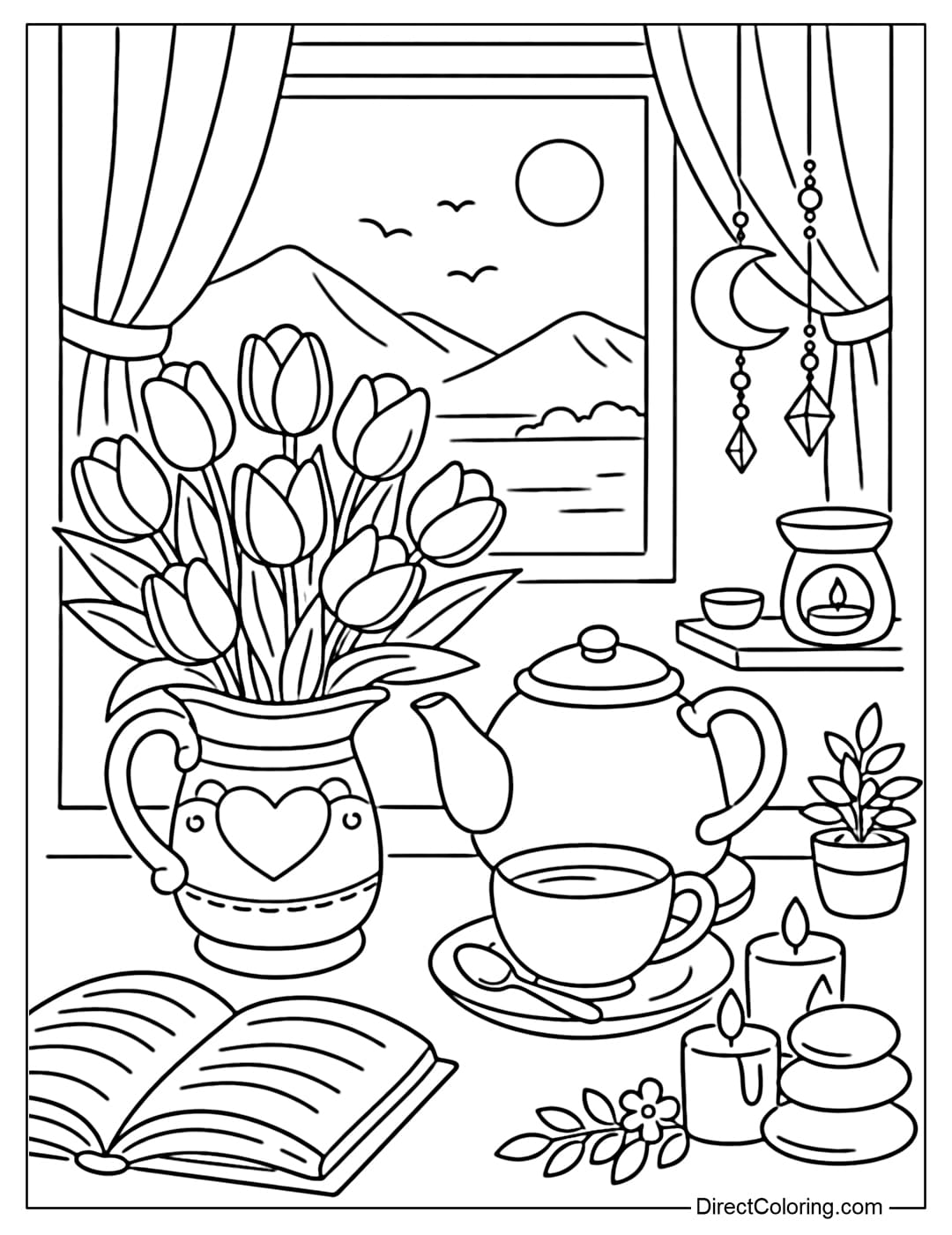 A coloring page of tulips with a warm cup of tea, a relaxing window view.