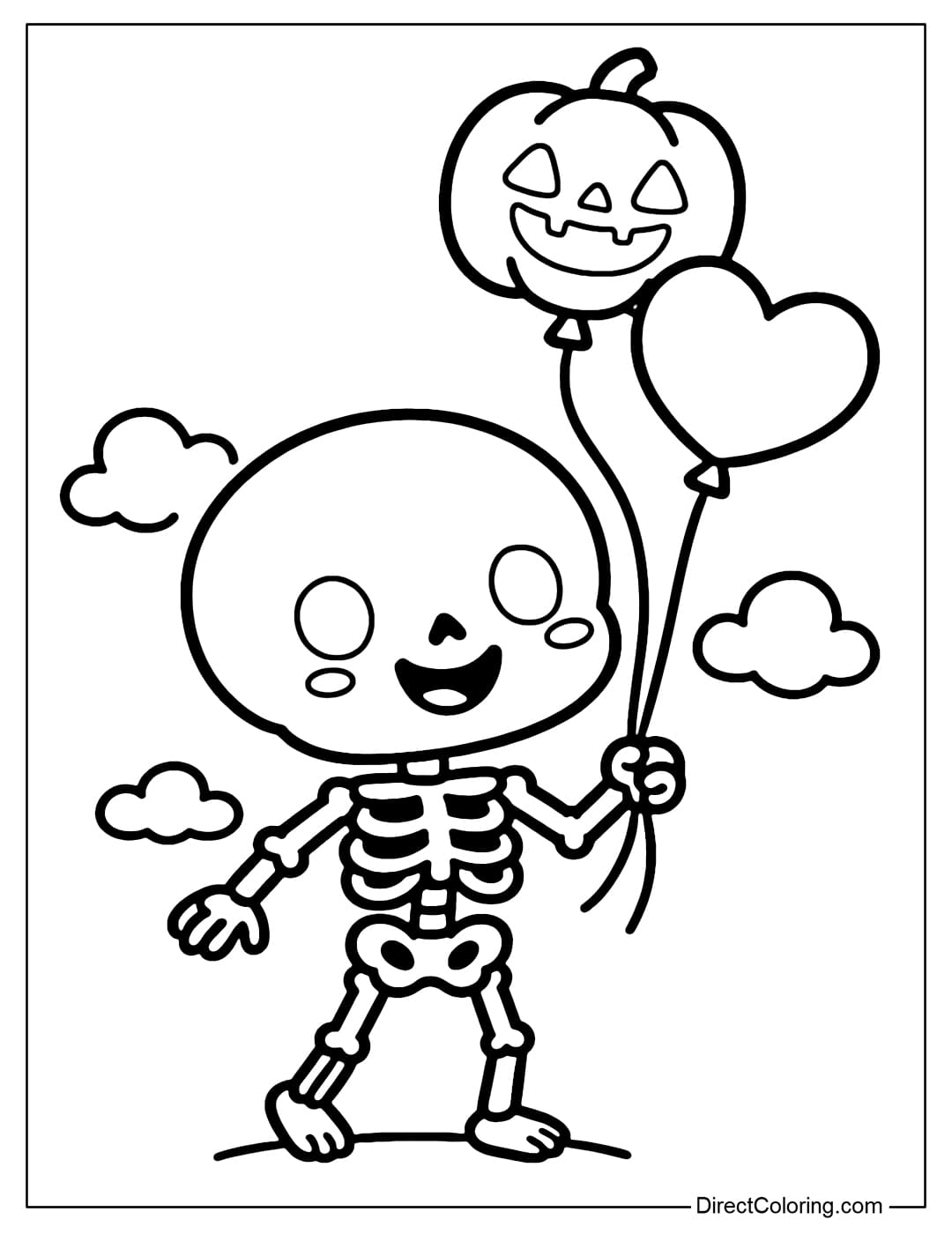 Coloring page of a cute skeleton holding a bunch of pumpkin and heart-shaped balloons.