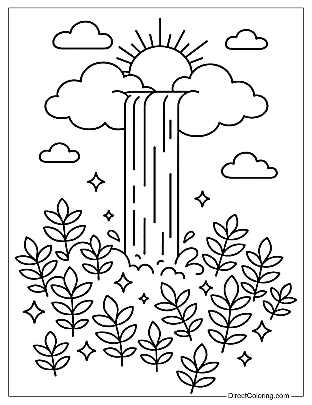 A crystal waterfall coloring page pouring from the cloud island into the abyss of the sky, surrounded by sparkling trees and leaves.
