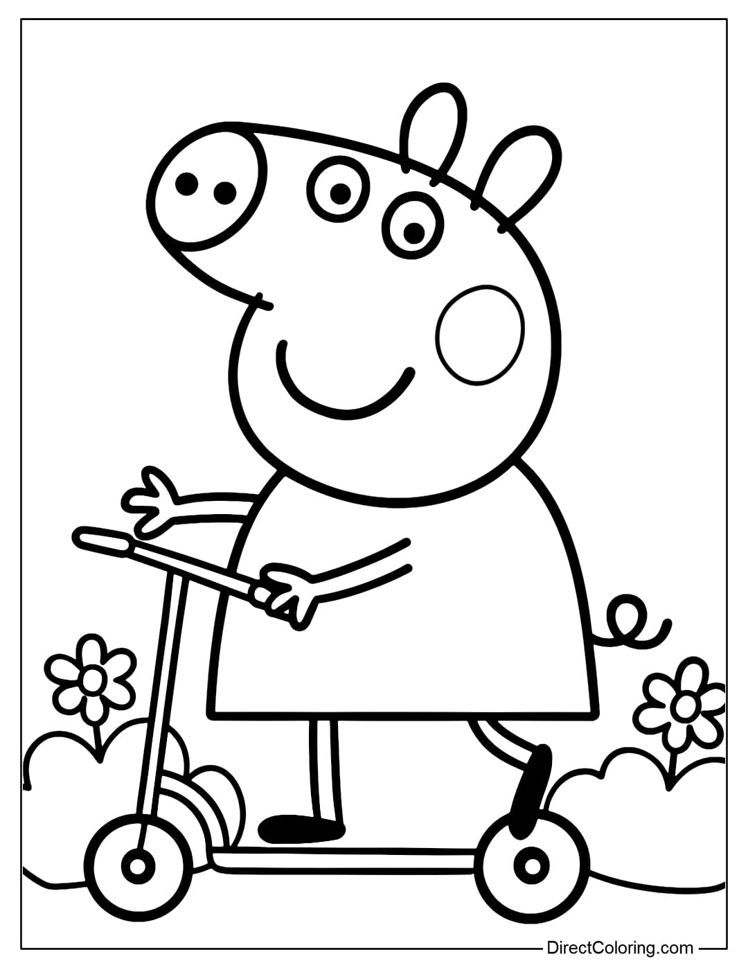 Coloring page Peppa Pig riding a scooter, on the side of the road there are some small flower bushes.