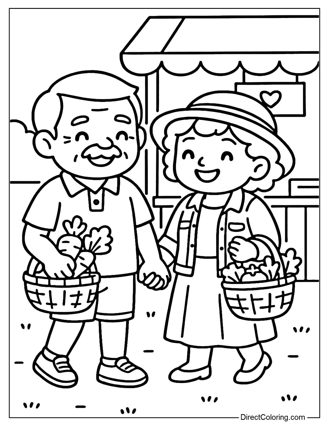 Coloring picture of grandparents going to the market, carrying a basket of vegetables and fruits, with a small shop behind them.