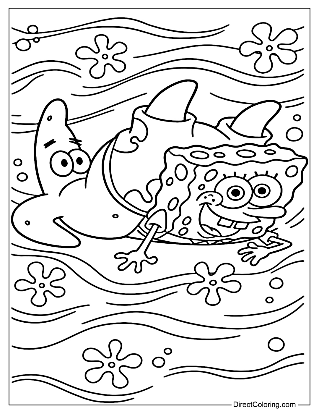 Coloring Page of Patrick and SpongeBob are playfully rolling on the ground together, laughing and having fun.