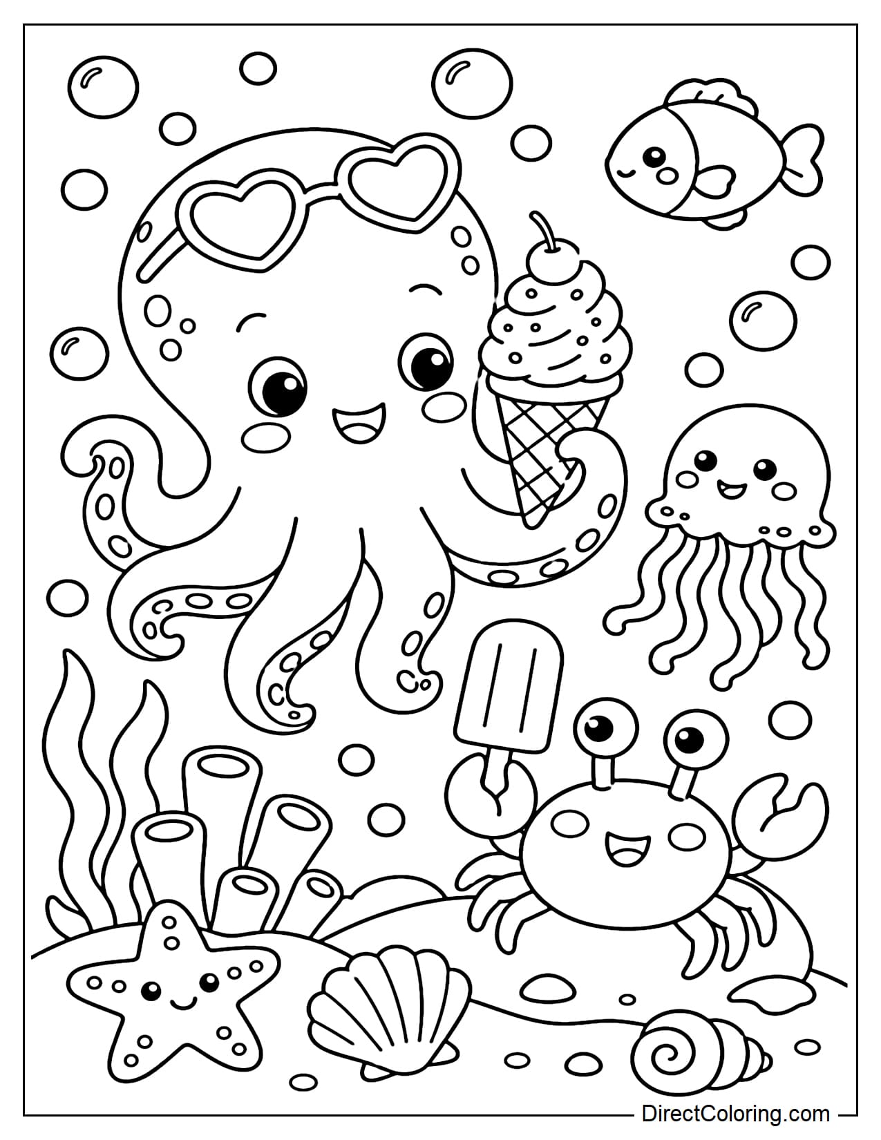 Sea creatures are enjoying summer ice cream at the bottom of the ocean, with an octopus holding an ice cream cone, a small crab holding an ice cream stick, and water bubbles.