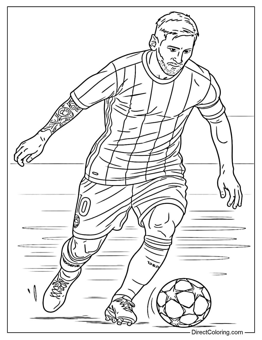Coloring page of Lionel Messi sprinting with the ball, leaning forward.