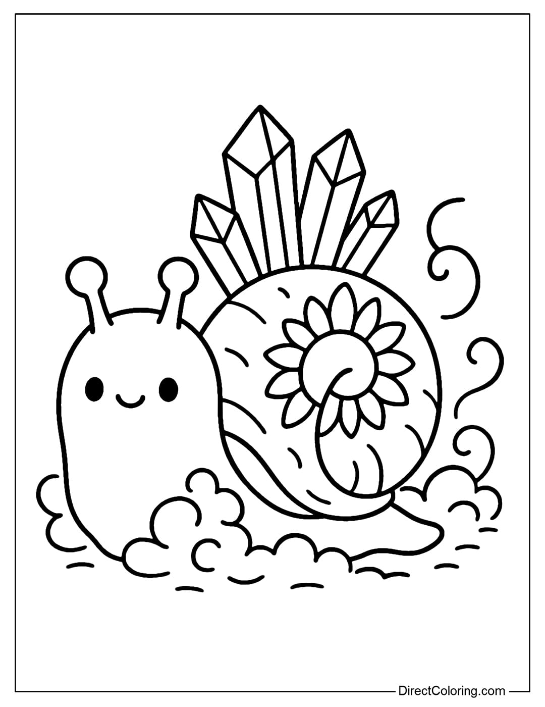 Snail coloring page with a few crystals growing on the snail shell, surrounded by misty fog.