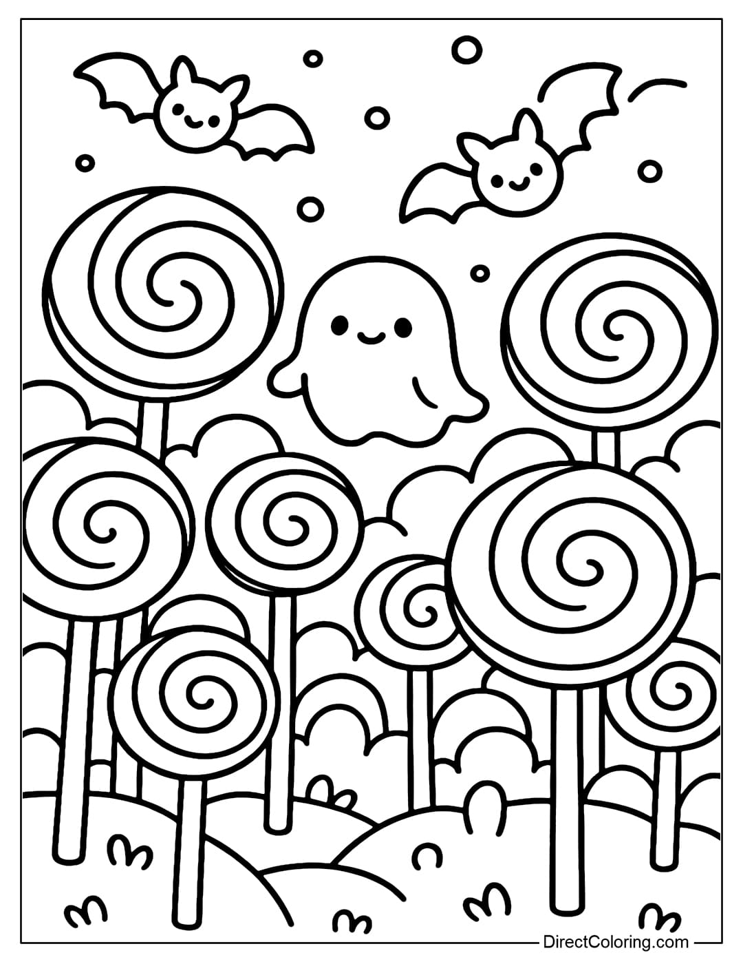 A giant lollipop forest coloring page, swirling lollipops growing close together, little ghosts and bats flying around in the sweet colors.