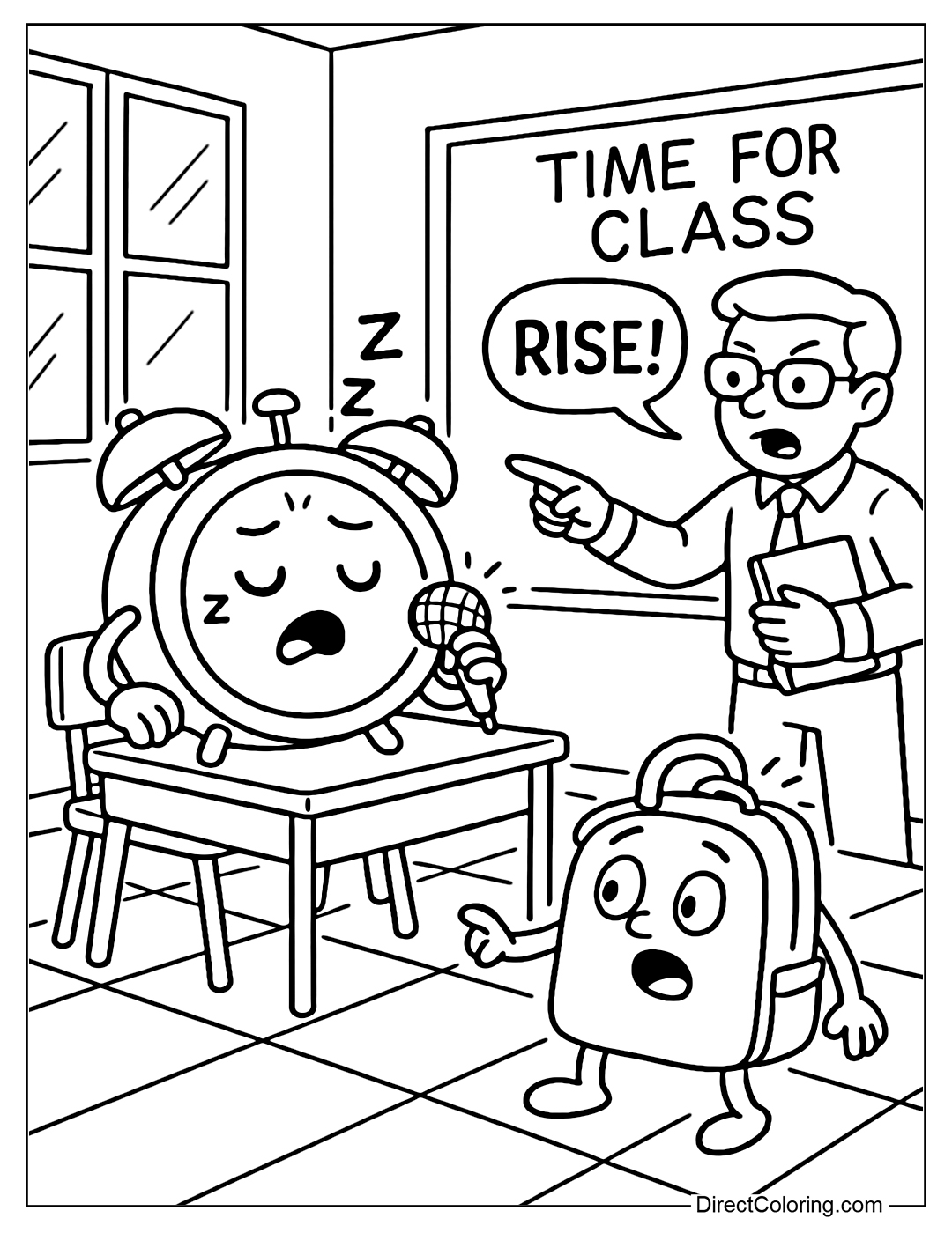 A coloring page of an alarm clock falling asleep in class, being 