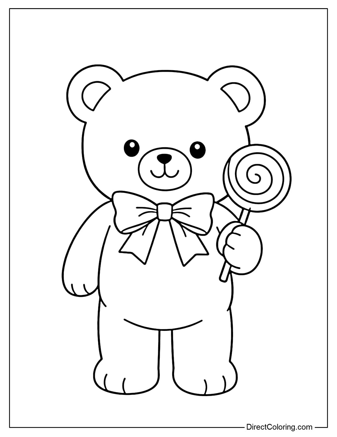 A coloring page of a teddy bear wearing a pretty bow around its neck and holding a cute round lollipop.