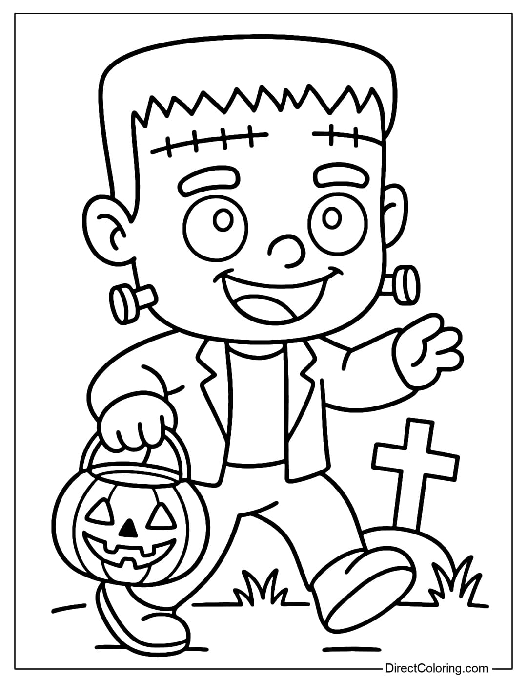 The little Frankenstein coloring page holds a bag of trick-or-treat candy, in the cemetery with a funny expression.