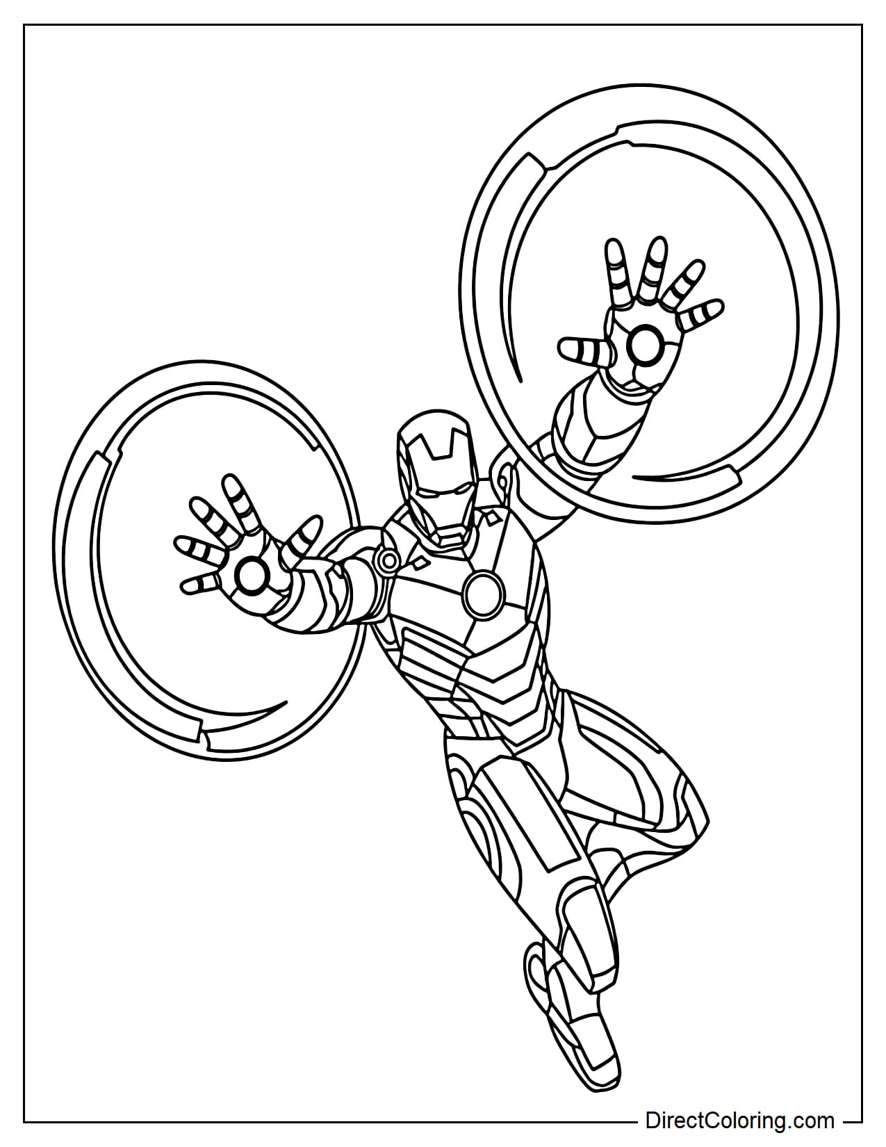 Iron Man fires two repulsors, each surrounded by a large energy circle.