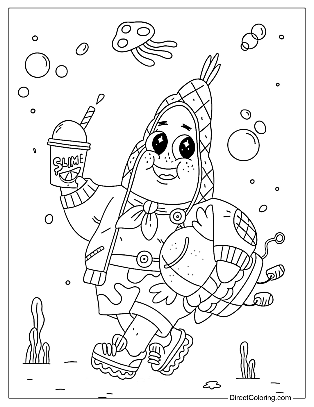 Coloring Page of Patrick dresses in quirky, colorful streetwear while sipping a green slime drink with a burger floatie.