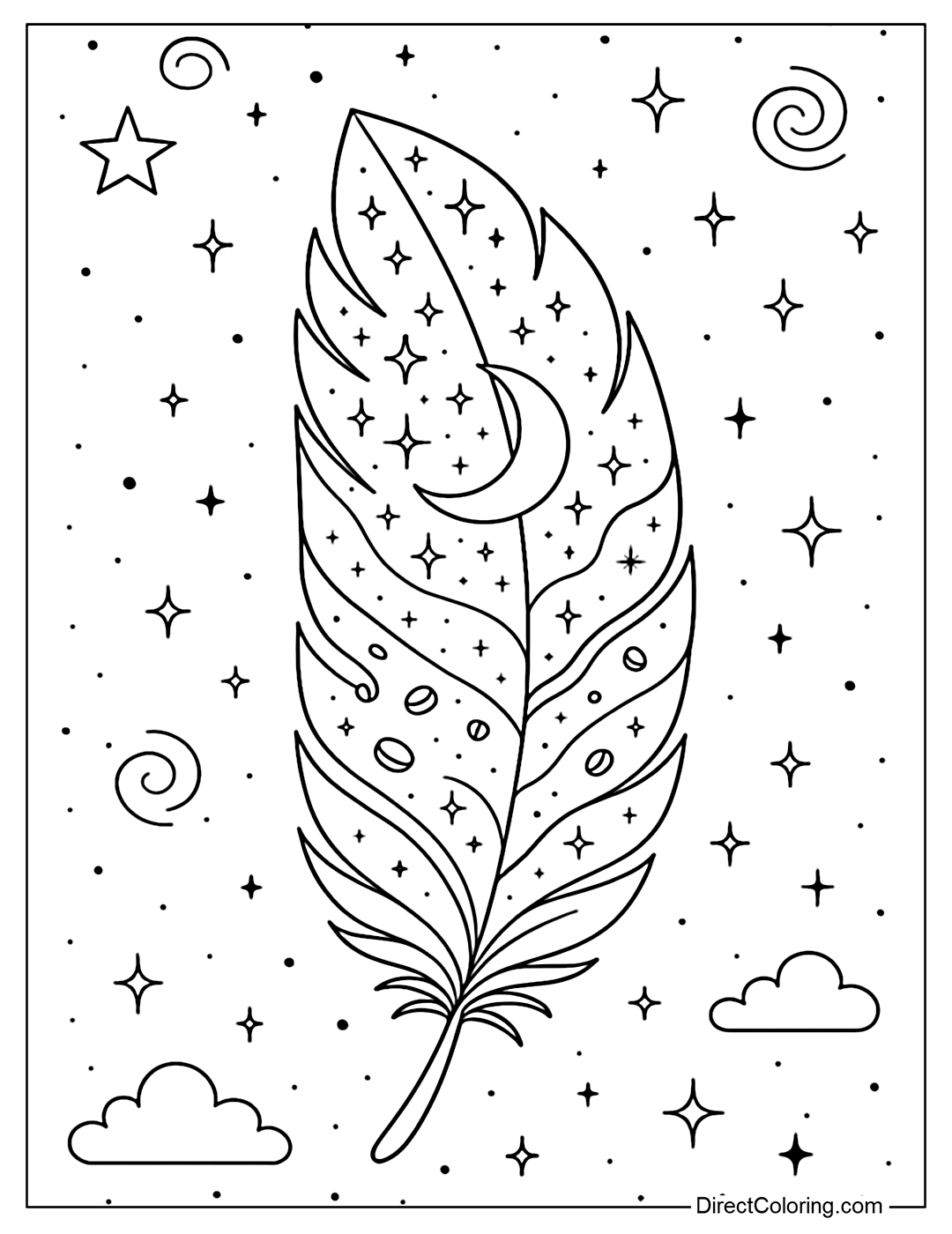 Feather coloring page contains a mini galaxy scene inside, the background is a magical universe.