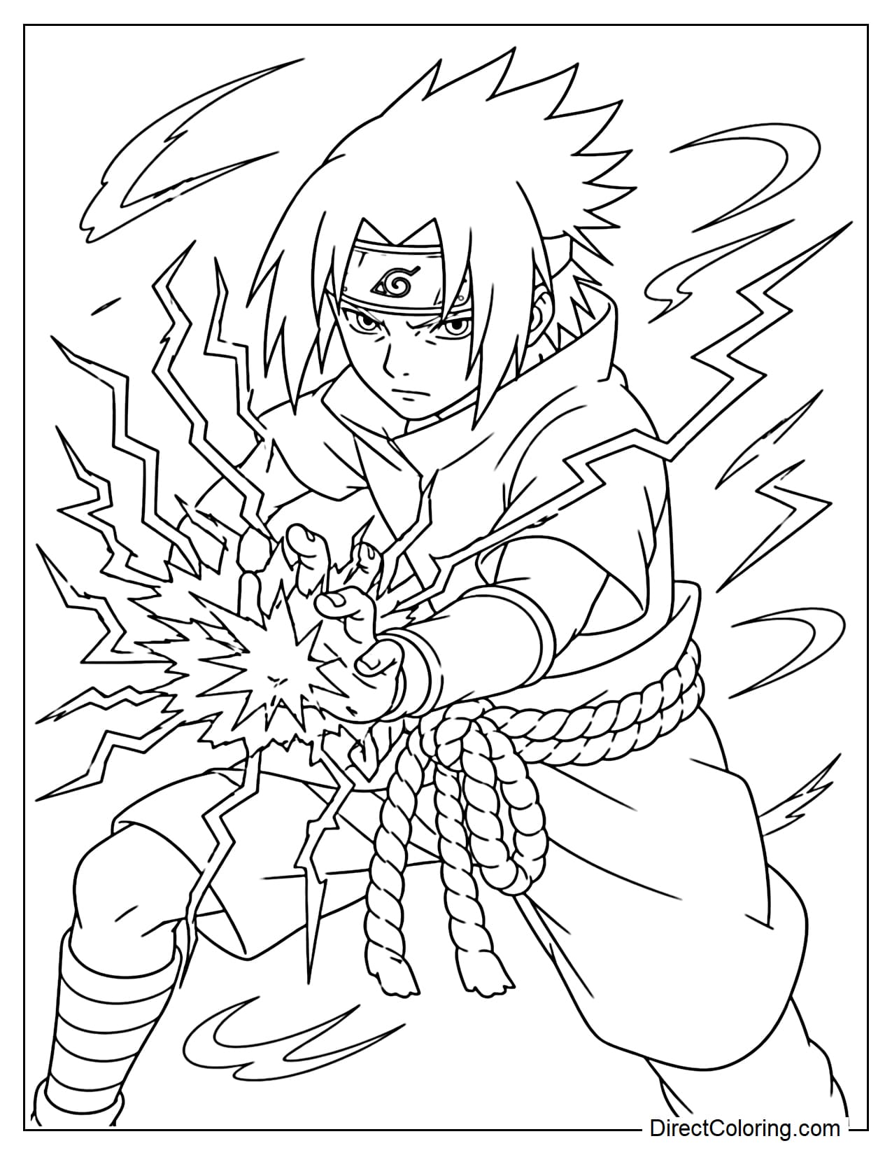 Sasuke Uchiha creates Chidori on his hand with electrical sparks drawn in a simple zigzag pattern, with a few gusts of wind behind them.