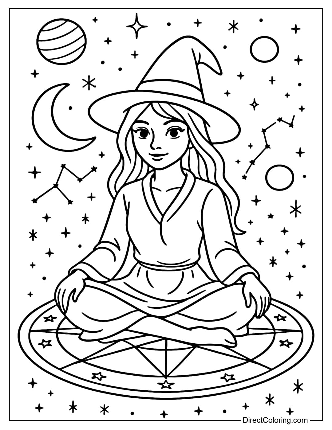 A witch coloring page sitting in the middle of an astrology circle, surrounded by constellations, a crescent moon, and several large planets.