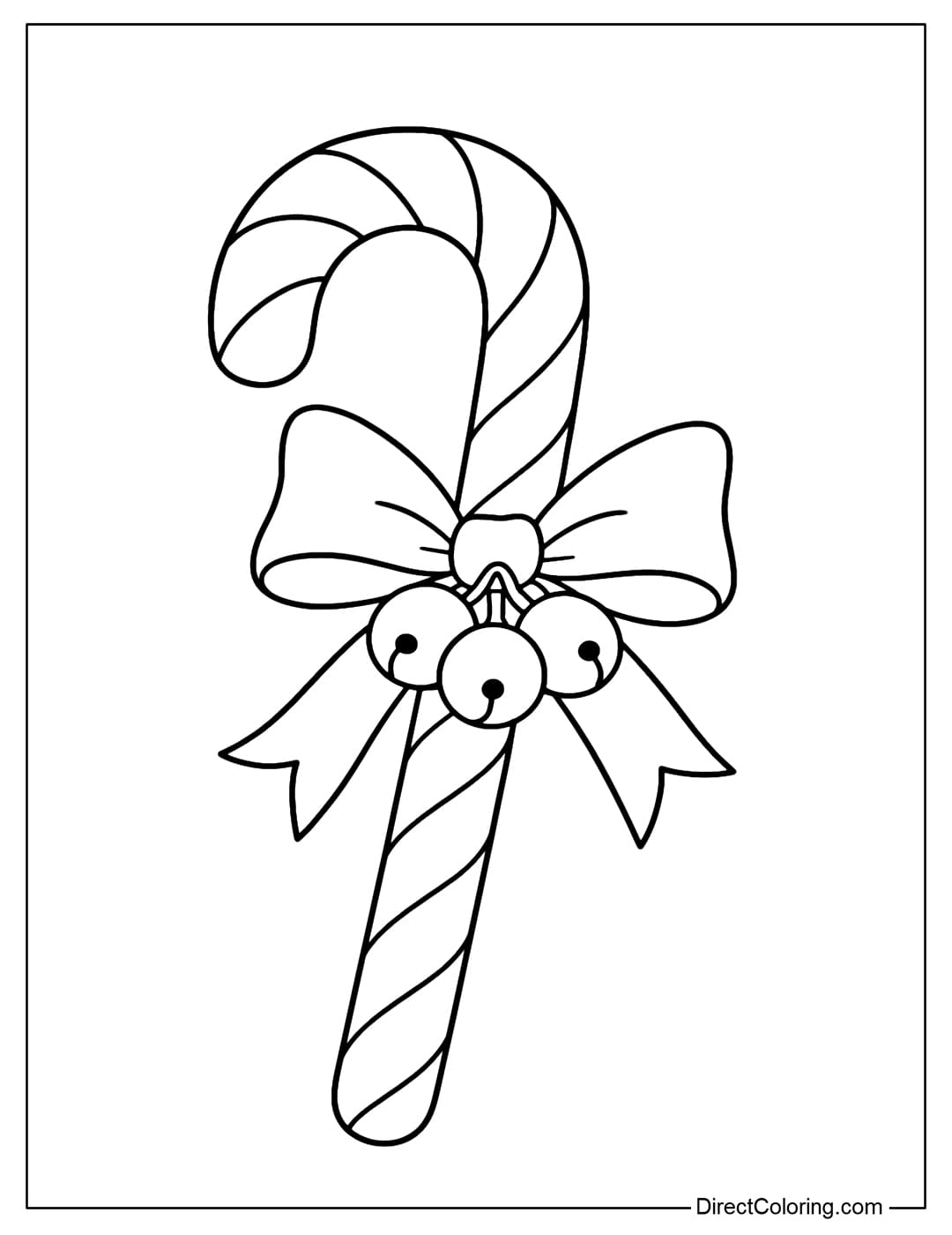 Candy cane coloring page with green bow, three small bells attached in the middle.