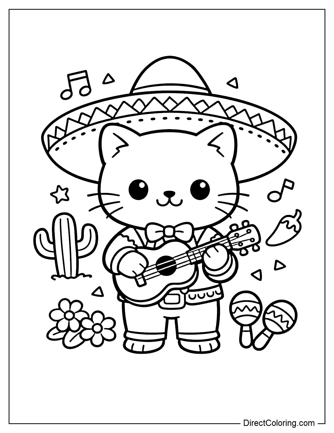 A cute cat dressed in Mariachi attire playing a guitar and wearing a traditional sombrero during the Cinco de Mayo festival.
