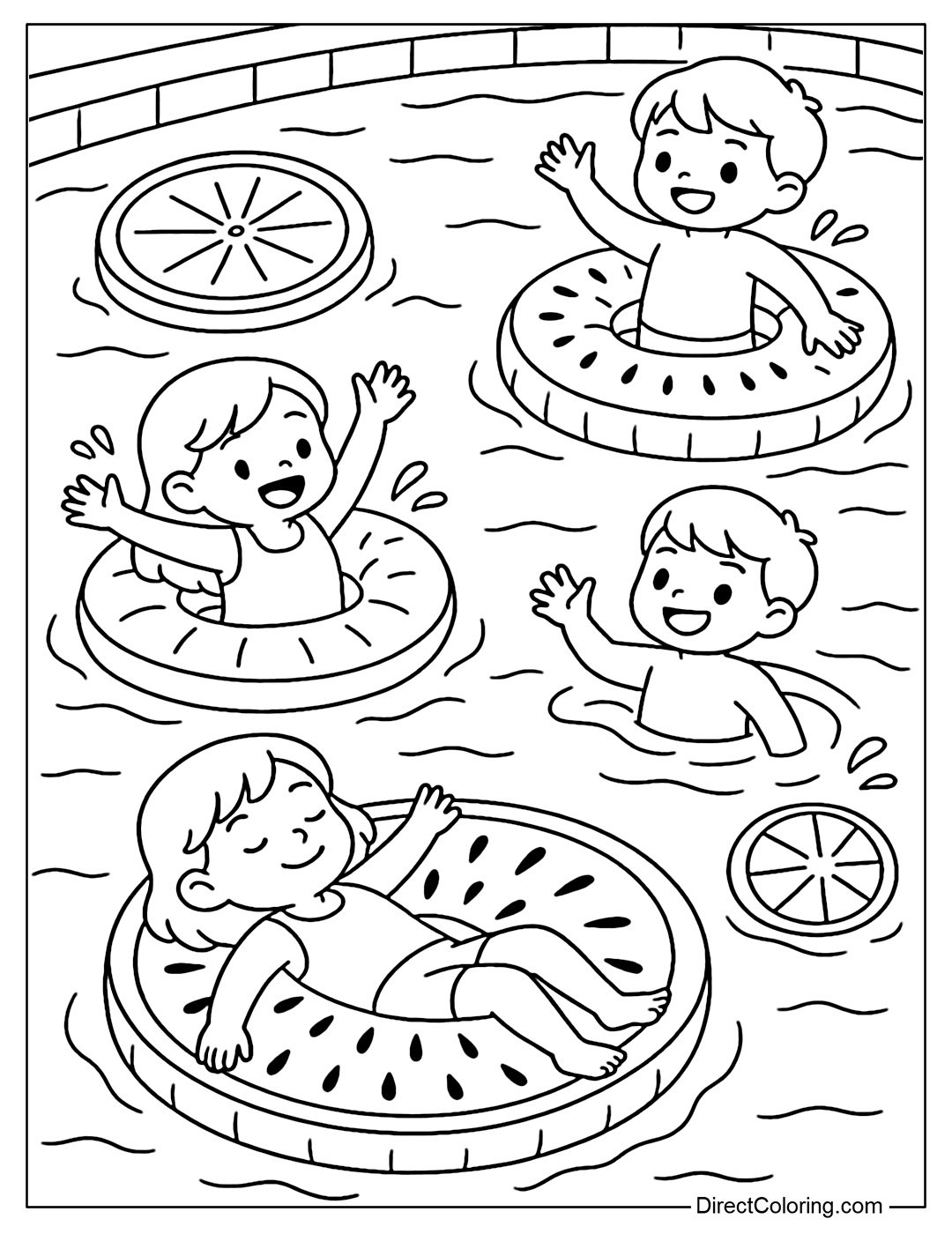 Coloring page of a swimming pool filled with fruit floats like watermelon, kiwi, lemon – kids have fun everywhere.