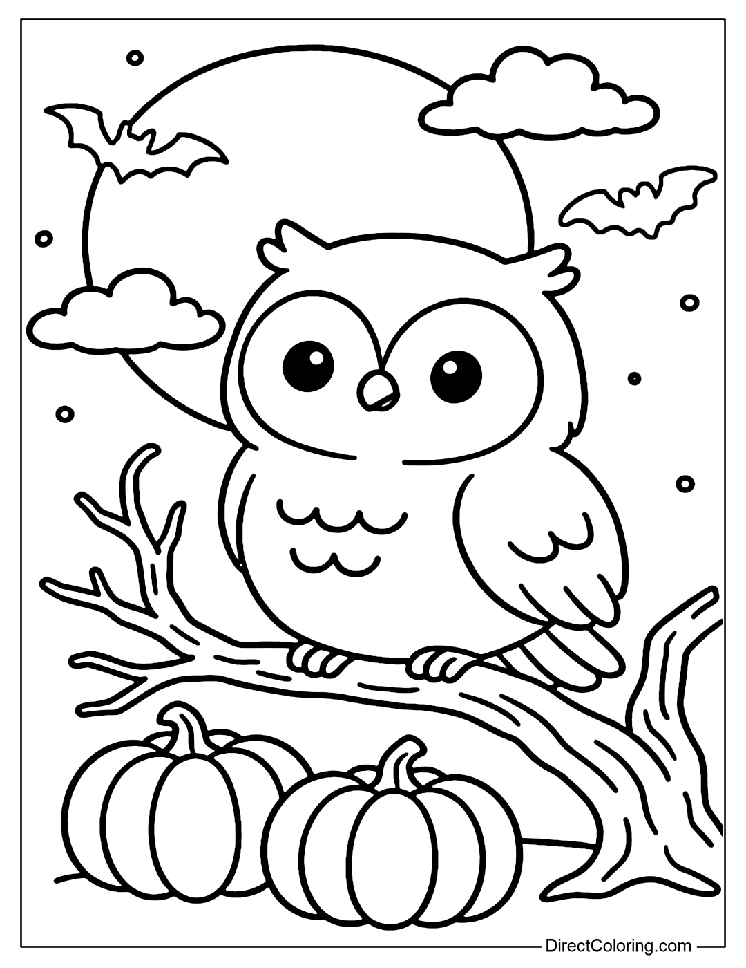 Coloring page of an owl perched on a dry tree branch, behind is a large full moon, surrounded by pumpkins, bats, clouds