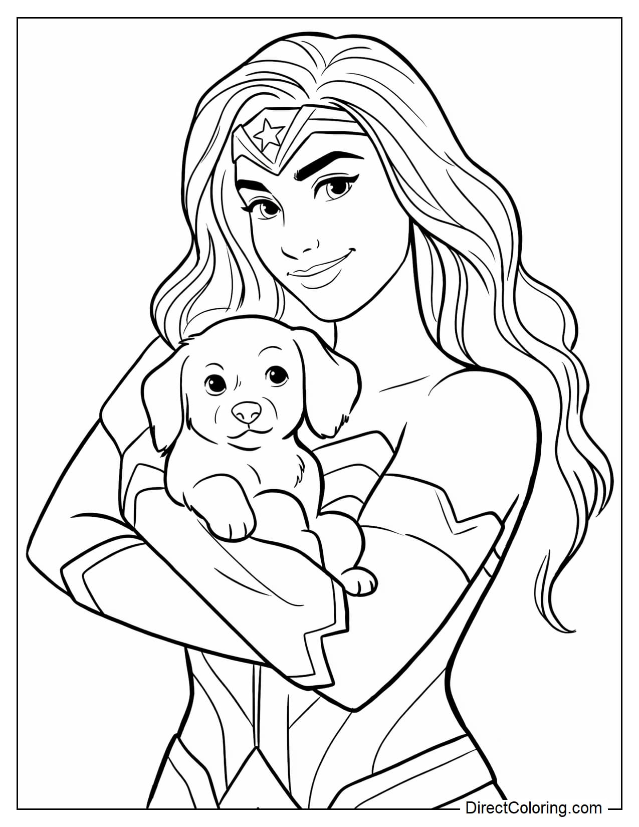 Wonder Woman gently holds a cute puppy against her chest with both hands. The puppy has floppy ears, round eyes, and an adorable little nose.
