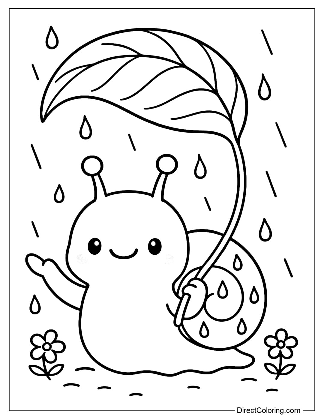 A cute snail coloring page holding a large green leaf to shield from the rain, with a few drops of water on its shell.